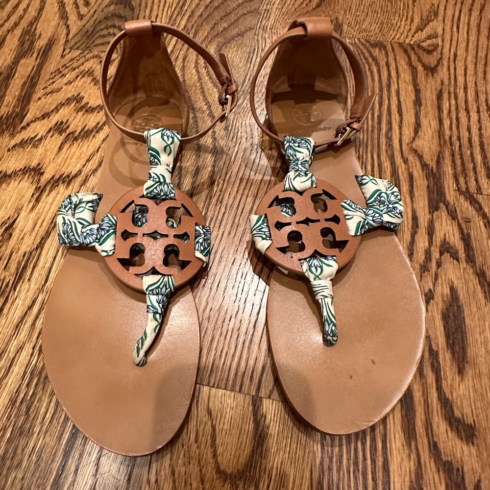 Tory Burch Blue Meridian Floral Fabric Miller Scarf Sandal